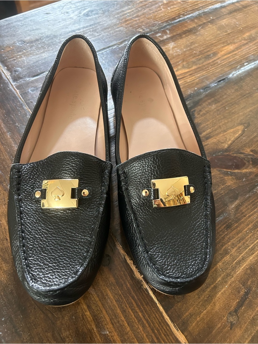 kate spade Black Pebbled Leather Loafers with Gold Hardware